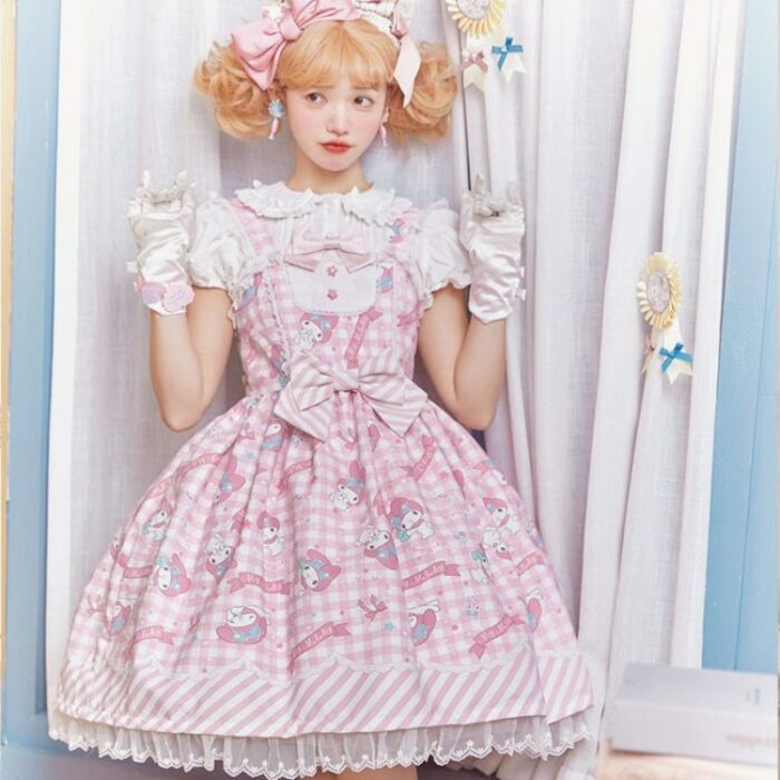 Vestido Lolita Bordado Coelhinha Rosa Bonito Dos Desenhos Animados - Loja  de Moda Kawaii
