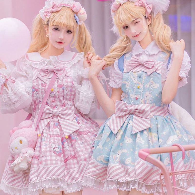 Vestido Lolita Bordado Coelhinha Rosa Bonito Dos Desenhos Animados - Loja  de Moda Kawaii